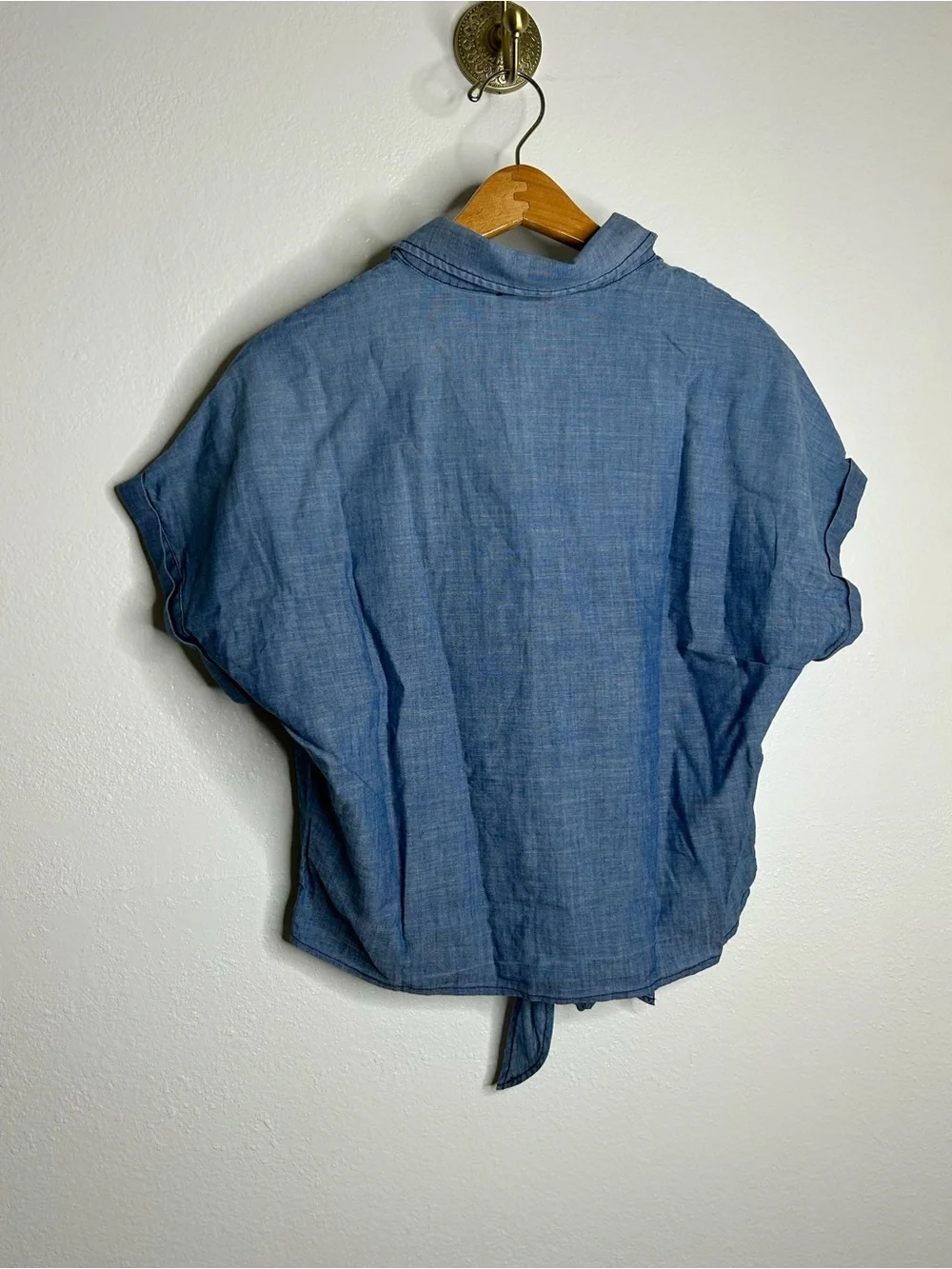 AG 100% Cotton Denim Chambray Button Down Tie Front Short Sleeve Boxy Blouse Top